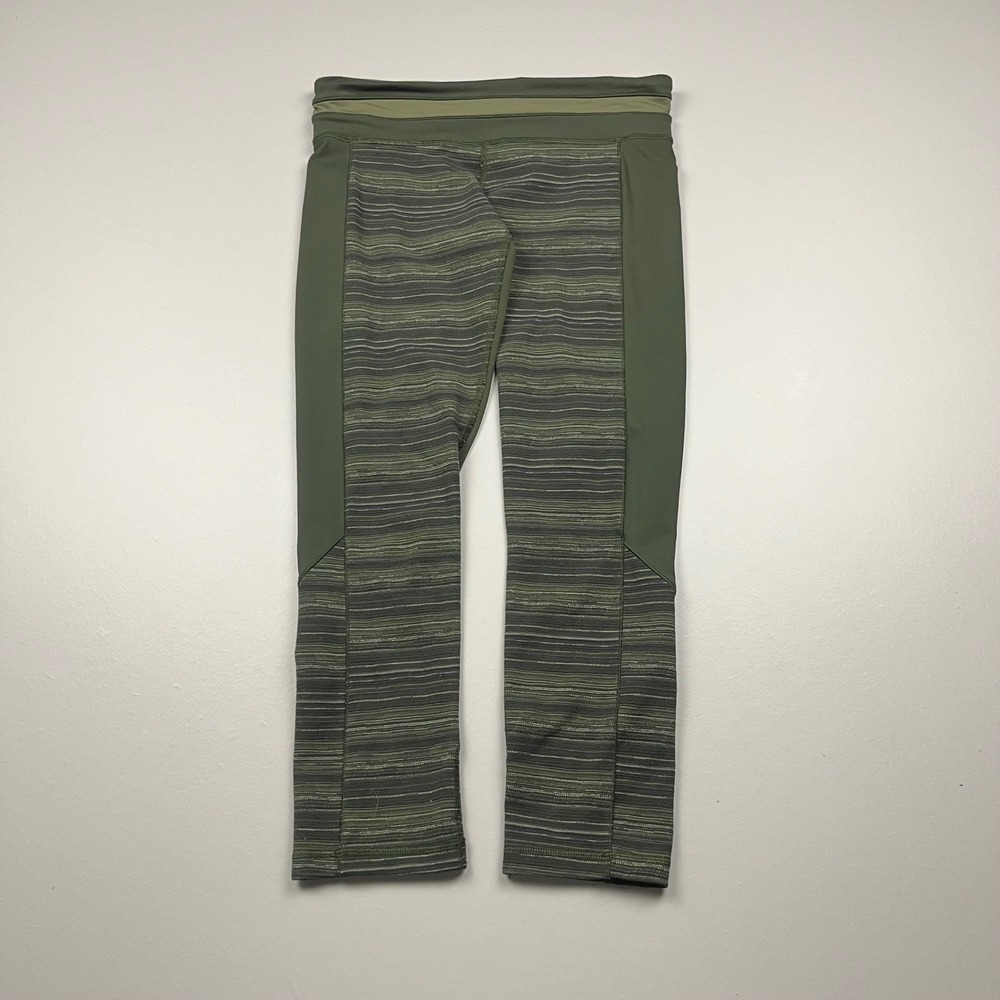 Lululemon Cropped Leggings Women 6 Olive Green Space Dye Striped Athletic Pants